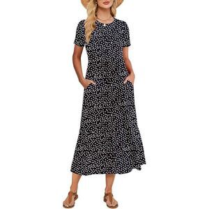 Sleeve Crewneck Flowy Swing Tiered Long Dresses with Pockets, M, 4M-149D002